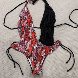 Red and Black Snakeskin One-Piece Swimsuit